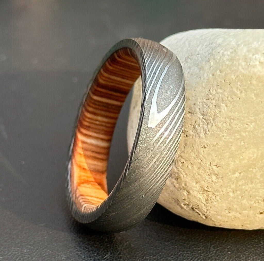Everlasting Unity Damascus Steel Eternal Commitment Ring with Wood Inlay by KBS Knives Store