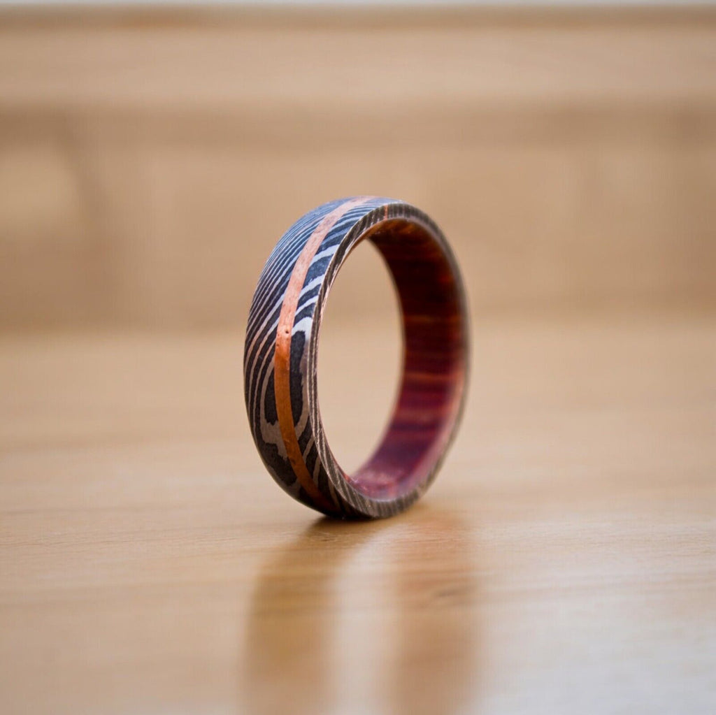 Eternal Harmony Damascus Steel Unity Ceremony Ring with Brass Line and Wood Inlay by KBS Knives Store