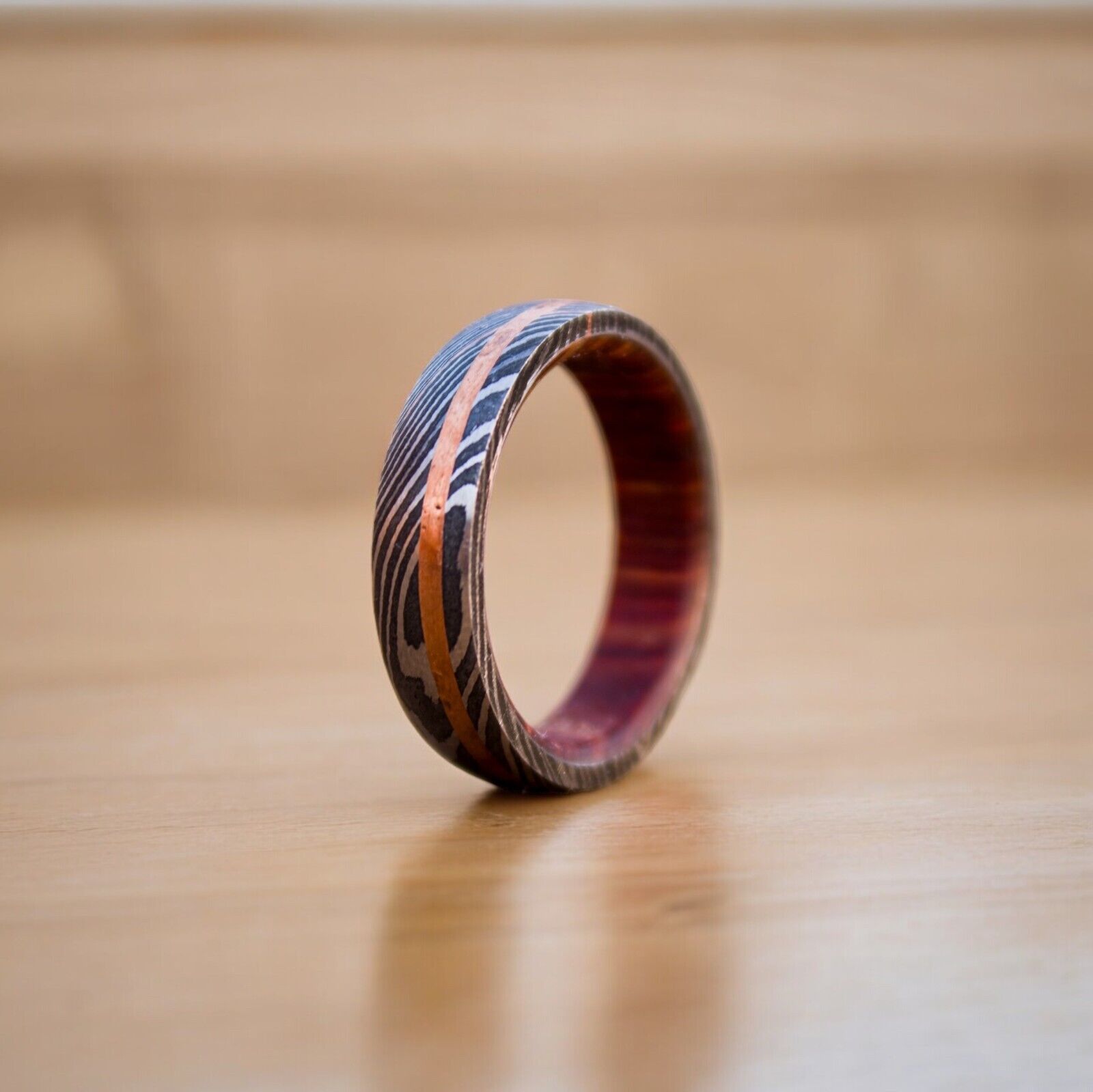 Eternal Harmony Damascus Steel Unity Ceremony Ring with Brass Line and Wood Inlay by KBS Knives Store