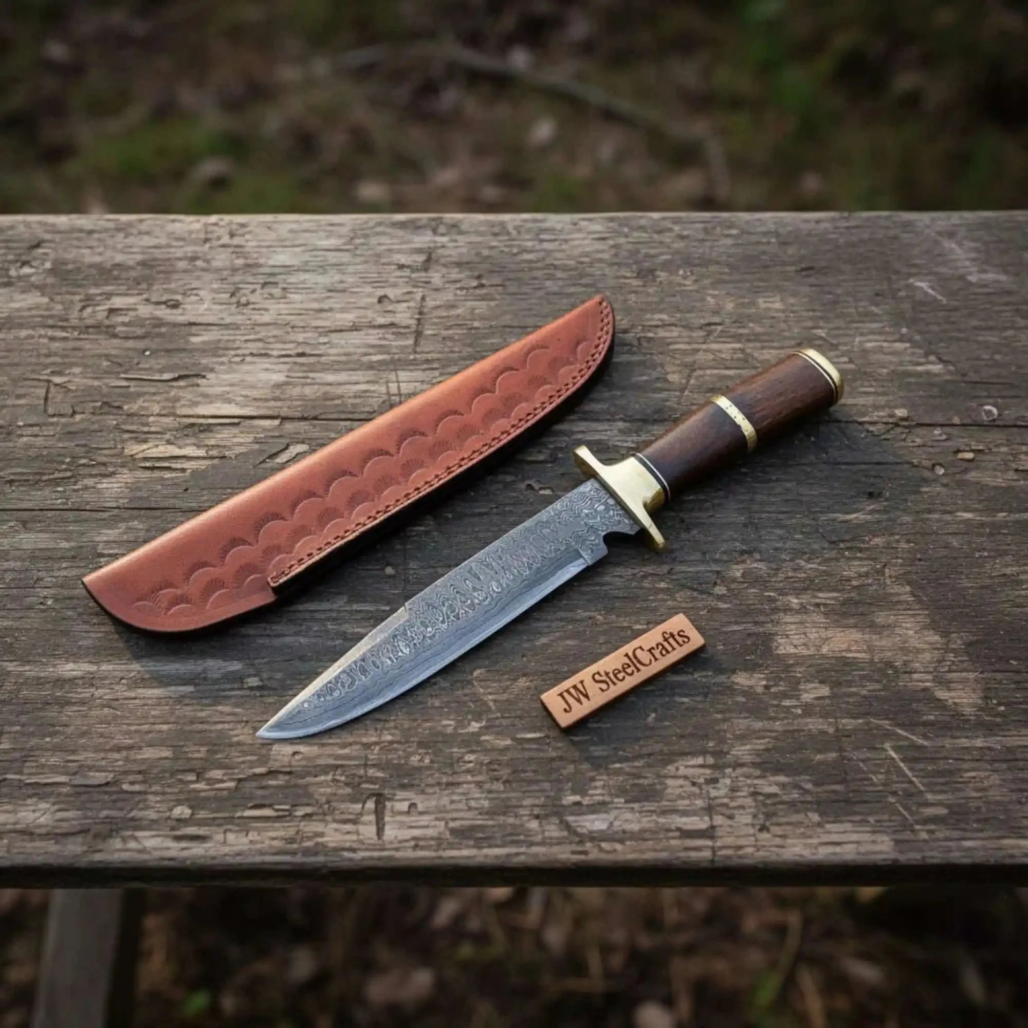Sheffield Clip Point Damascus Bowie Knife with Hardwood Handle and Brass Guard – Handmade Fixed Blade JW SteelCrafts
