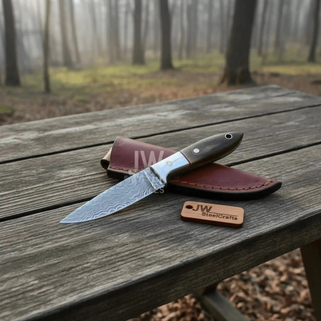 Small Damascus Utility Knife – Rosewood Handle With Leather Sheath