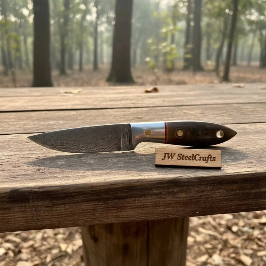 Small Damascus Utility Knife – Rosewood Handle With Leather Sheath
