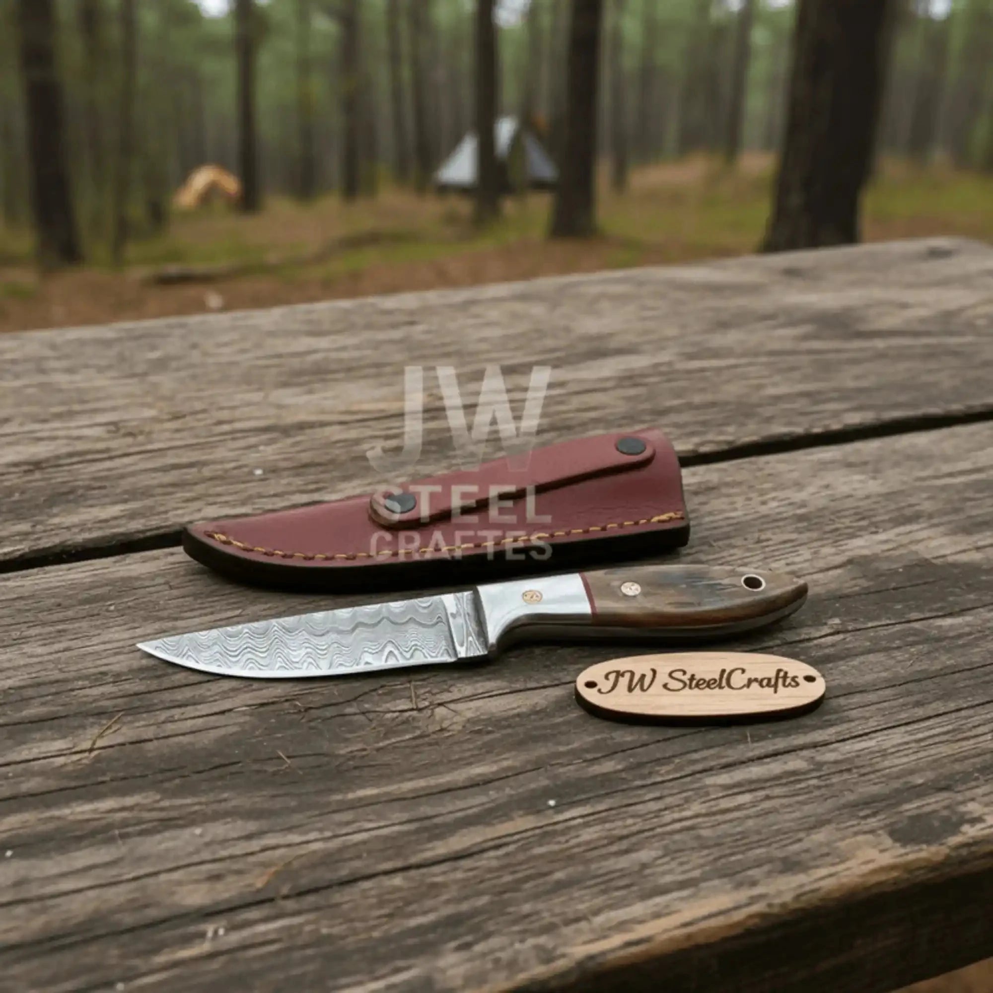 Small Damascus Utility Knife – Rosewood Handle With Leather Sheath