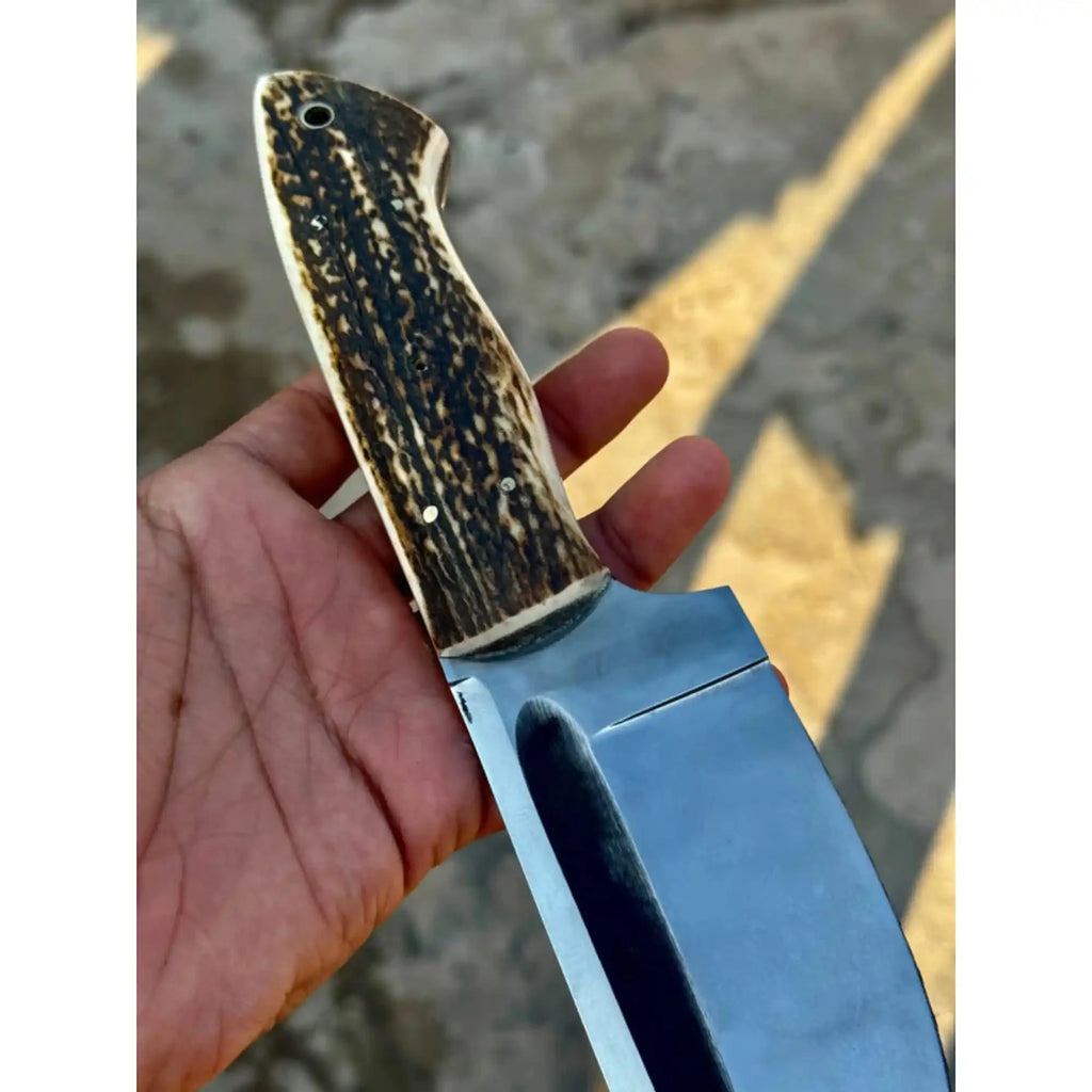 Stag Handle Hunting Knife – Stainless Steel or Damascus Blade | Leather Sheath | JW SteelCrafts