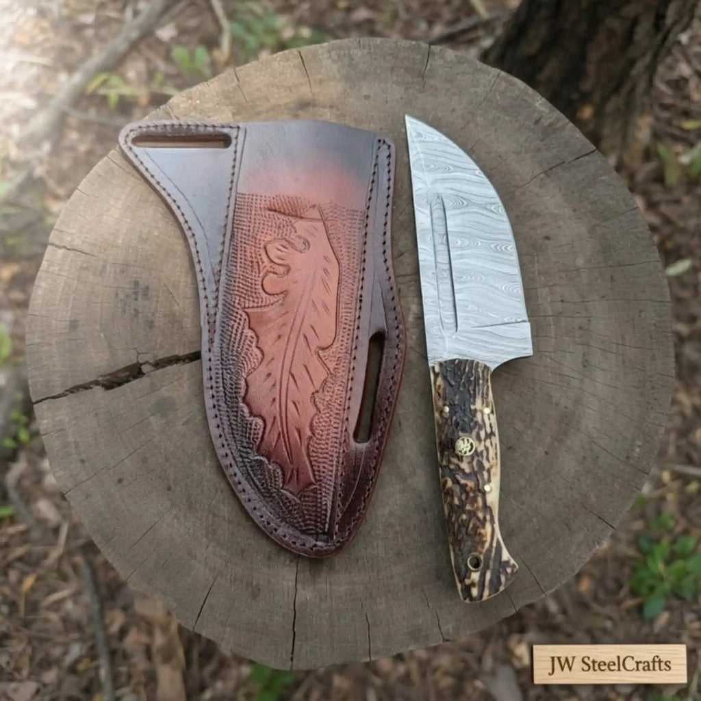 Stag Handle Hunting Knife – Stainless Steel or Damascus Blade | Leather Sheath | JW SteelCrafts