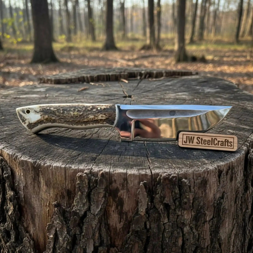 Stag Handle Hunting Knife – Stainless Steel or Damascus Blade | Leather Sheath | JW SteelCrafts
