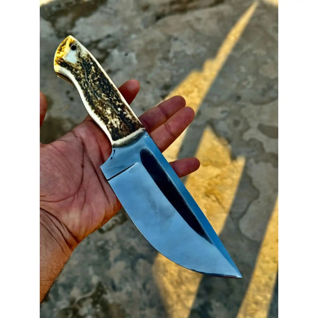 Stag Handle Hunting Knife – Stainless Steel or Damascus Blade | Leather Sheath | JW SteelCrafts