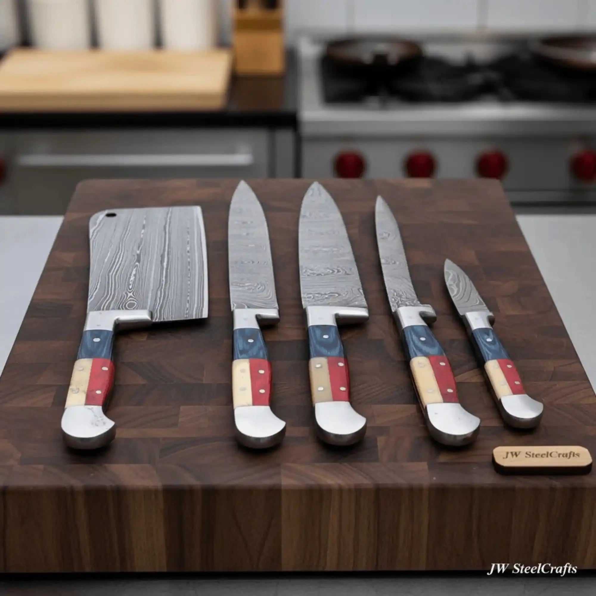 Texas Flag Handle Damascus 5-Piece Set — Meat Cleaver, Chef Knife, Carving Slicer, Petty Utility & Paring Knife (Leather Kit)