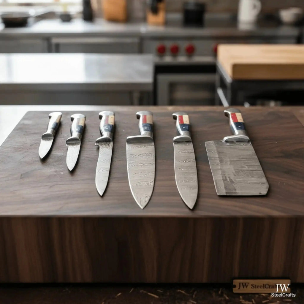 Texas Flag Handle Damascus 5-Piece Set — Meat Cleaver, Chef Knife, Carving Slicer, Petty Utility & Paring Knife (Leather Kit)