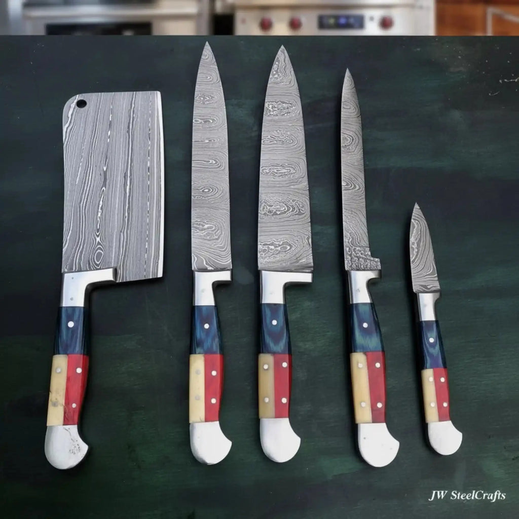 Texas Flag Handle Damascus 5-Piece Set — Meat Cleaver, Chef Knife, Carving Slicer, Petty Utility & Paring Knife (Leather Kit)