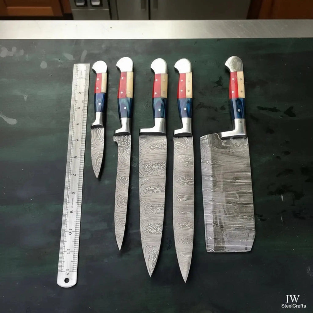 Texas Flag Handle Damascus 5-Piece Set — Meat Cleaver, Chef Knife, Carving Slicer, Petty Utility & Paring Knife (Leather Kit)