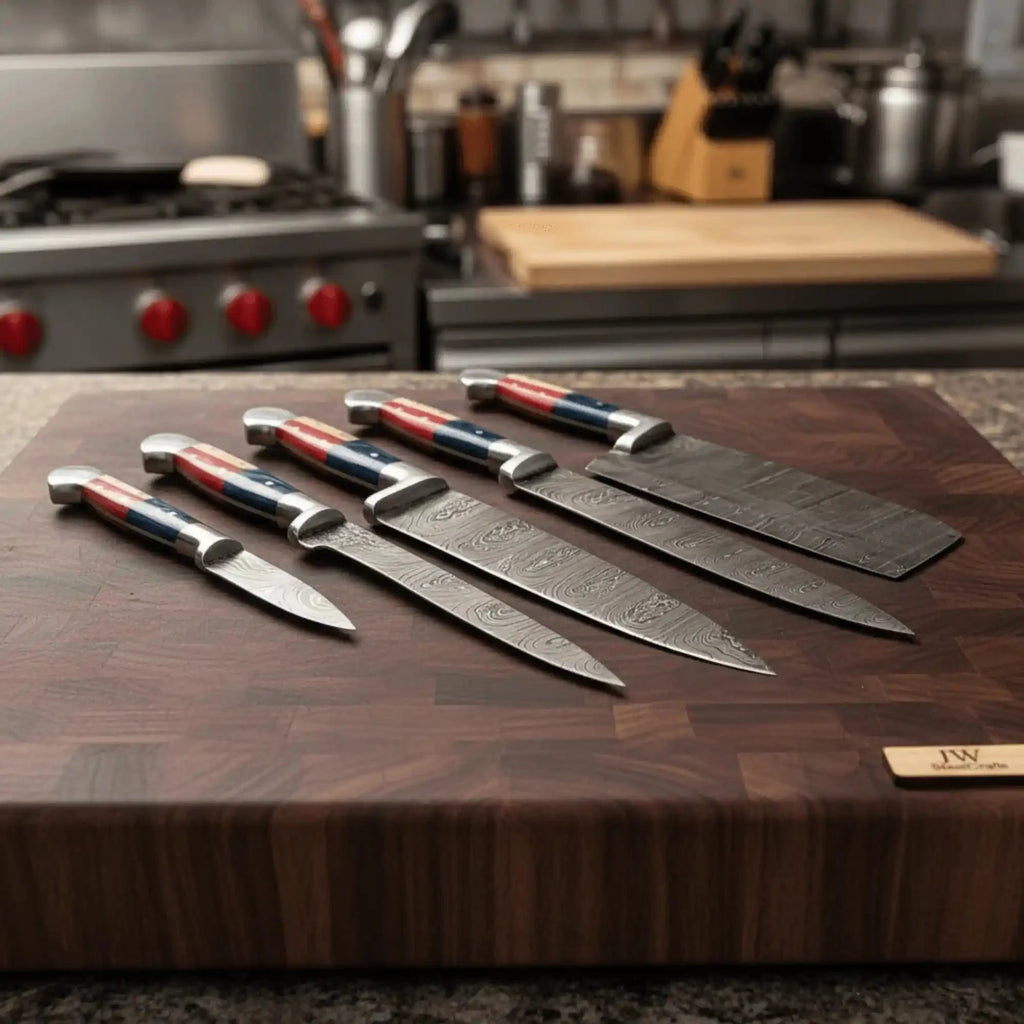 Texas Flag Handle Damascus 5-Piece Set — Meat Cleaver, Chef Knife, Carving Slicer, Petty Utility & Paring Knife (Leather Kit)