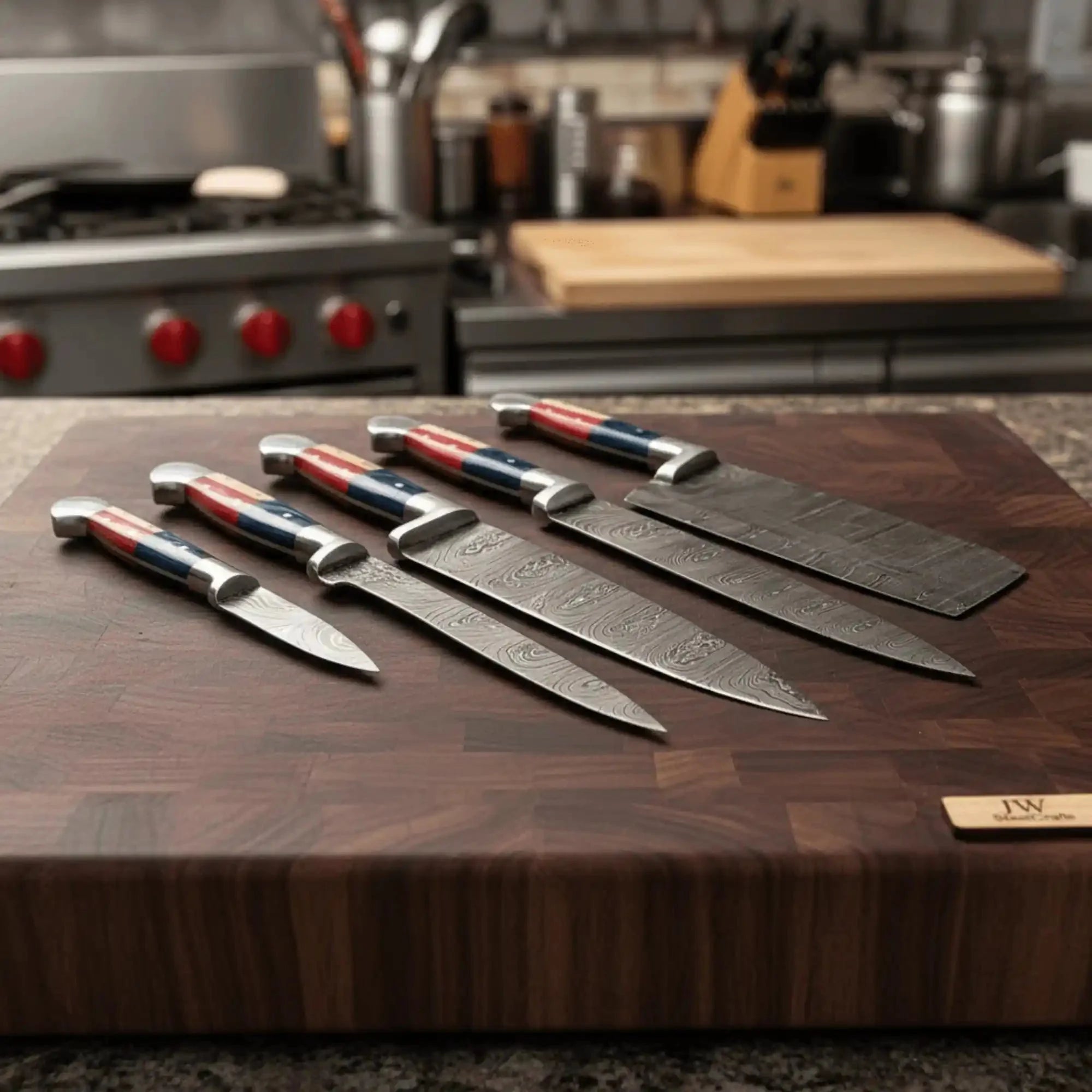 Texas Flag Handle Damascus 5-Piece Set — Meat Cleaver, Chef Knife, Carving Slicer, Petty Utility & Paring Knife (Leather Kit)