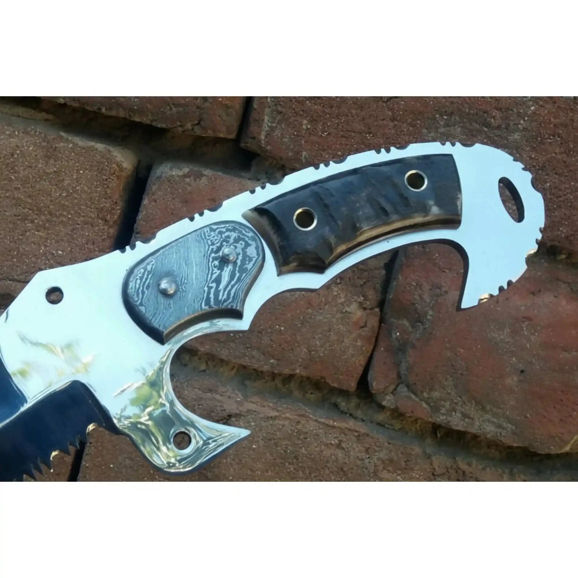 Tracker Knife Custom Handmade J2 Steel  Handle Sheep Horn & Damascus Bolster 13"