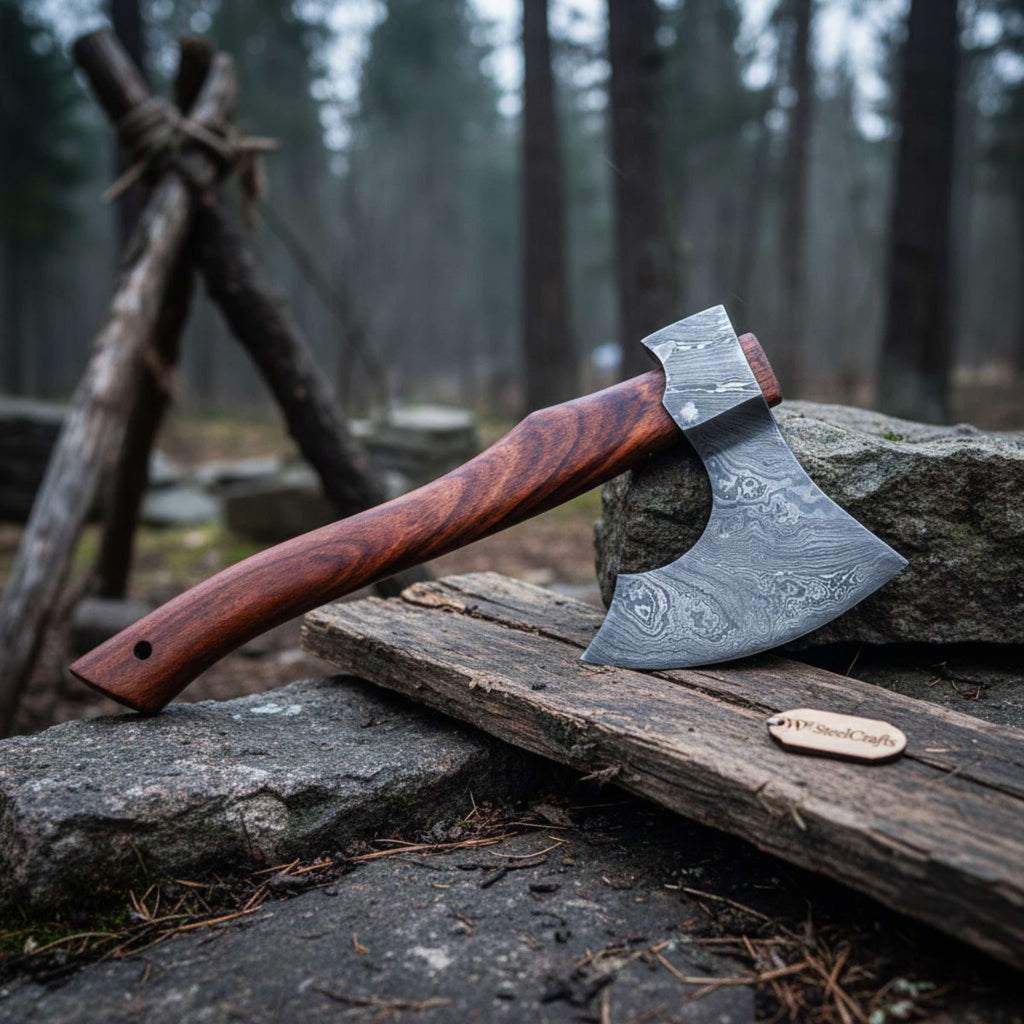 Traditional Norse Bearded War Axe (Skeggøx) featuring Damascus Steel Head, Solid Wood Handle, Sheath Included