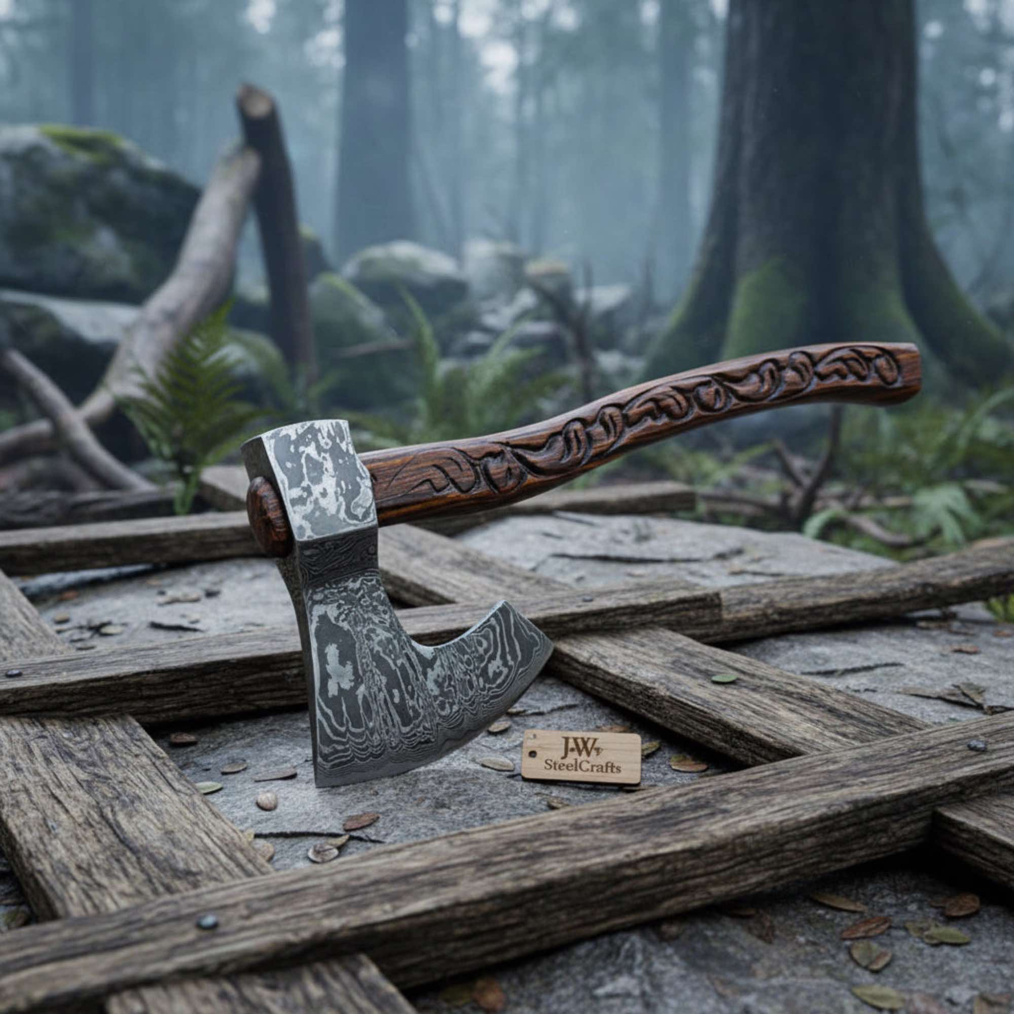 Traditional Woodsman’s Bearded Axe, Hand-Carved Hardwood Handle, Pattern Steel Edge
