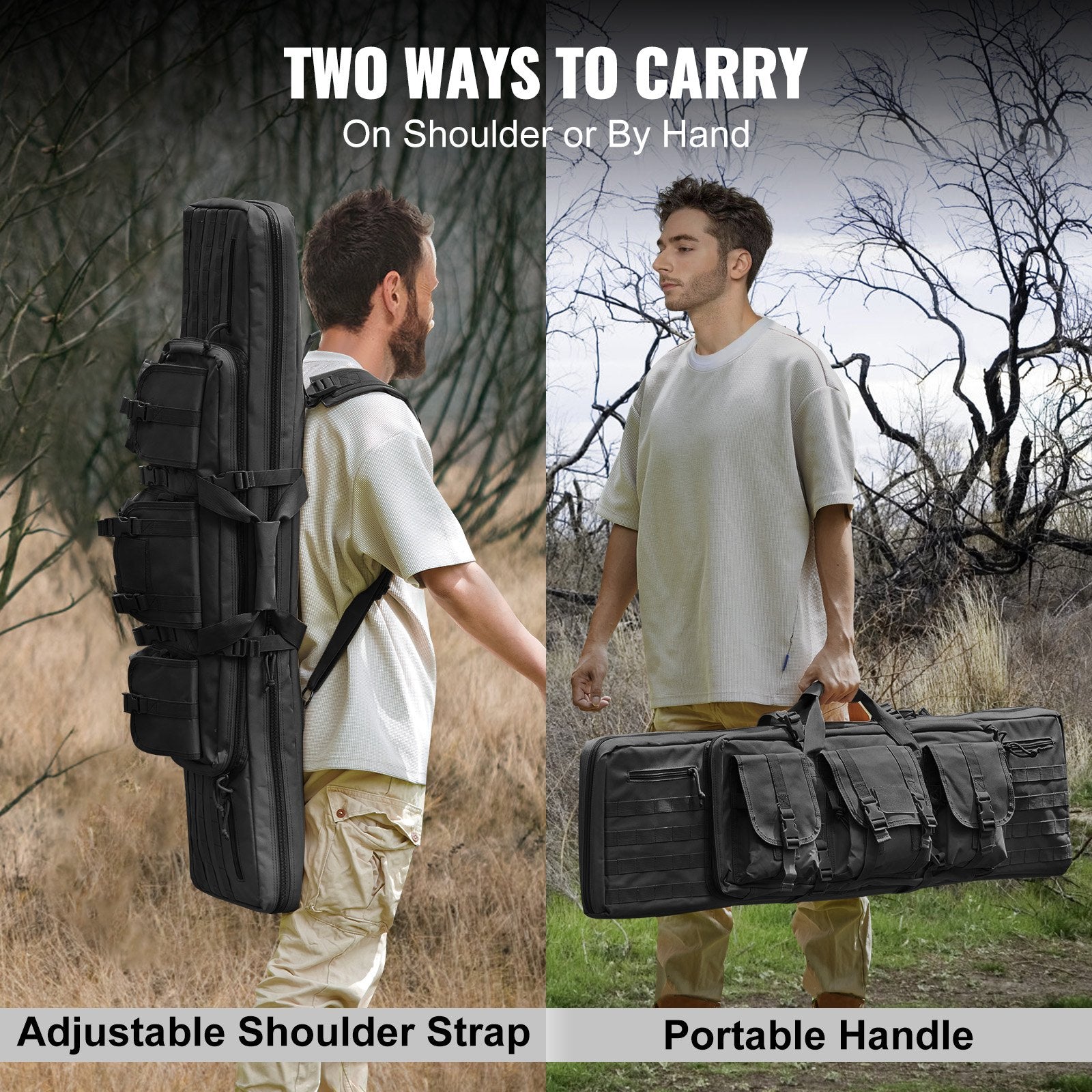Rifle Bag, 42 inch Tactical Double Long Gun Bag, Soft Rifle Case with Lockable Zipper, Portable Handle & Shoulder Strap, 3 Large Storage Pockets Rifle Case for Two 40" Rifles & 2 Pistols