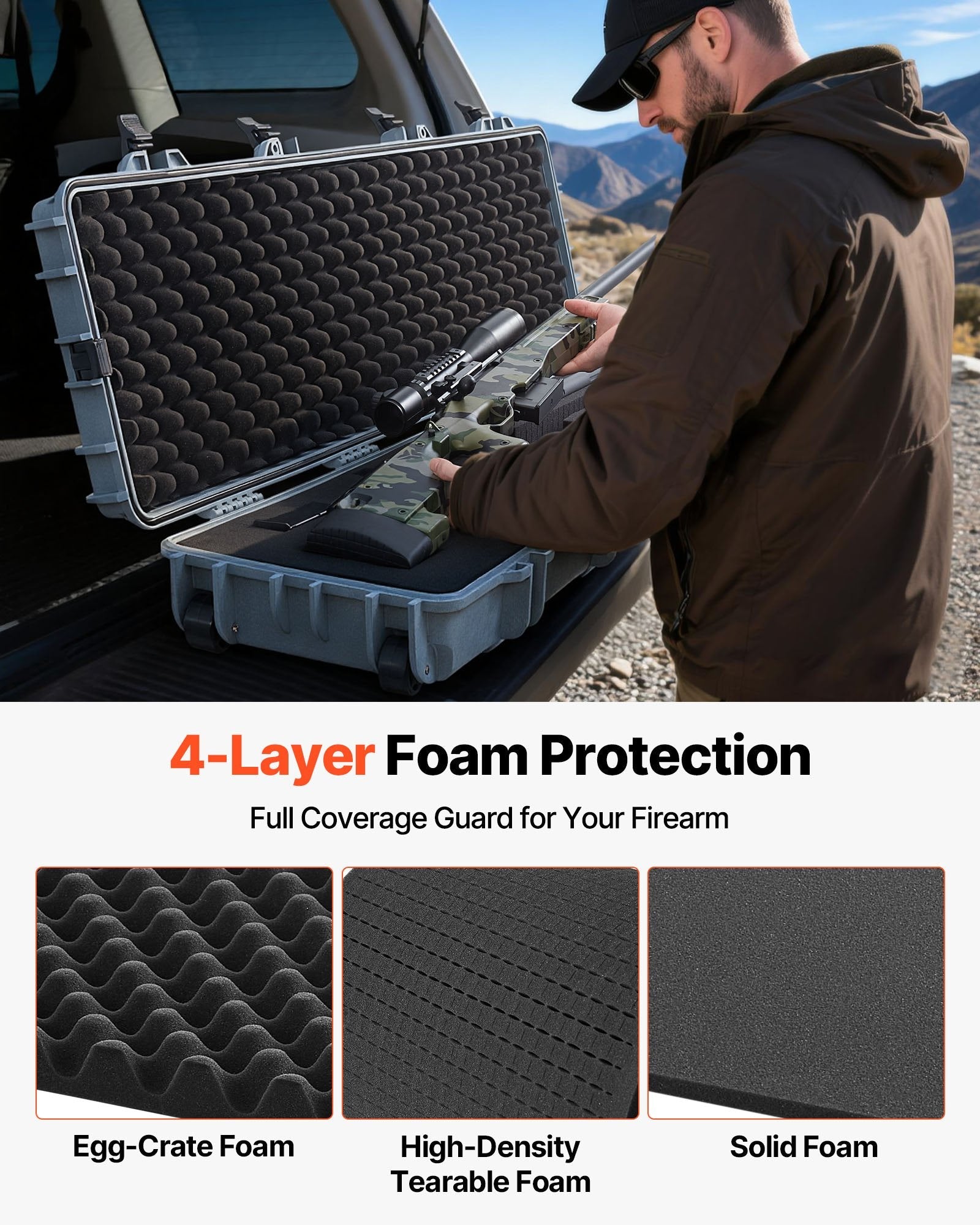 50" Hard Rifle Case, Lockable Rifle Case with Pre-cut Foams,Movable Gun Storage with Wheels, IP67 Waterproof & Dustproof Pistol Storage for Rifle, Shotgun, Airsoft Gun