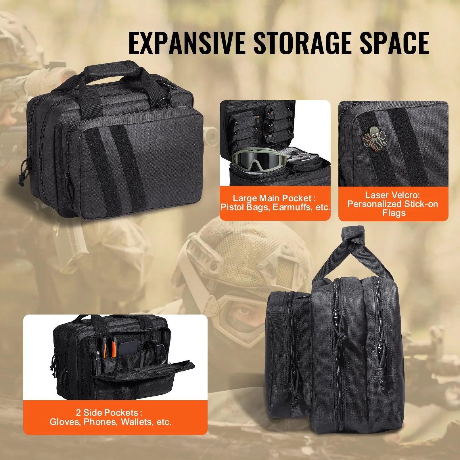 Range Bag for 2 Pistols, Tactical Gun Bag with 2 Built-in Removable Pistol Bags & 6 Detachable Magazines, Gun Range Bag for Outdoor Hunting Shooting, Lockable Carrying Handgun Bag Case
