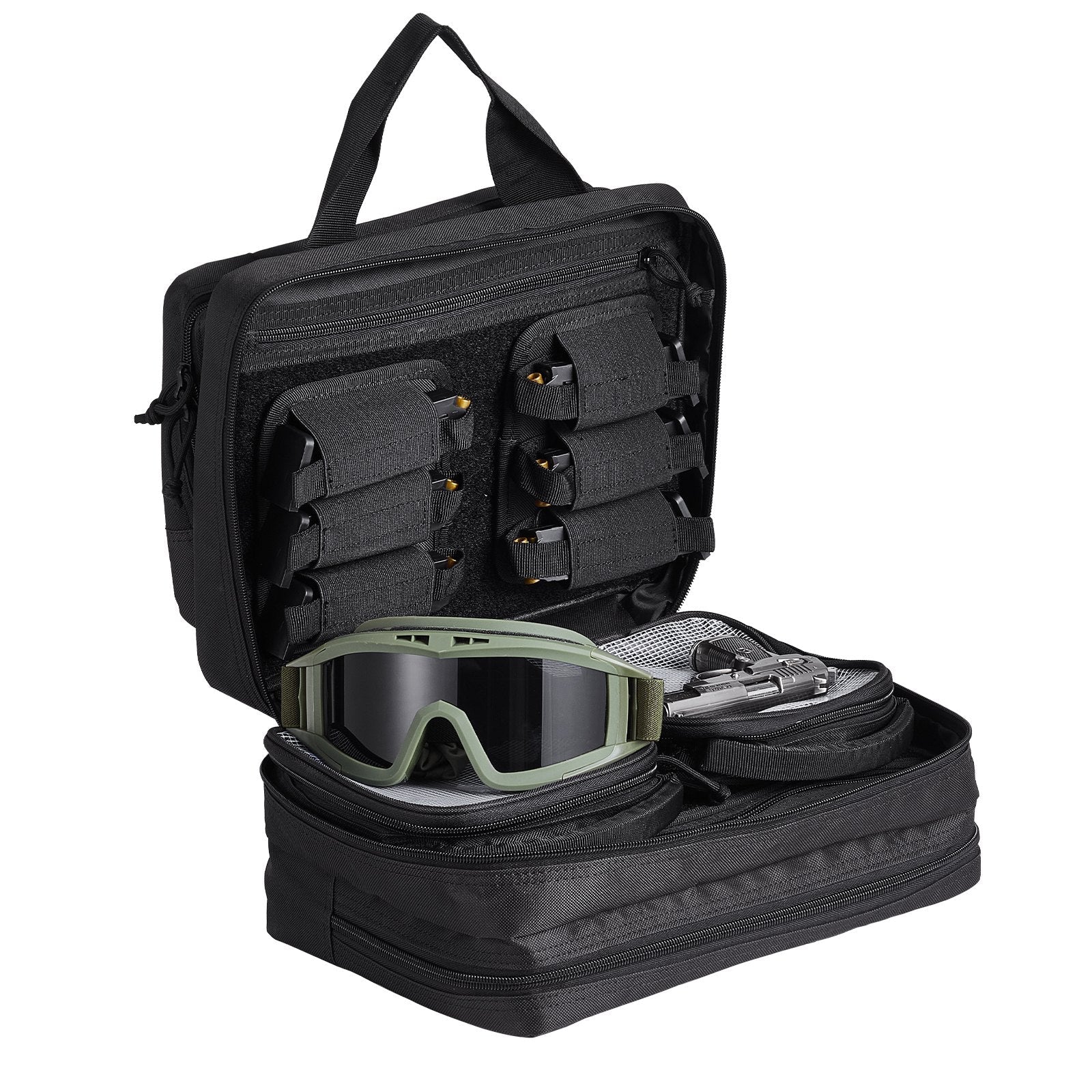 Range Bag for 2 Pistols, Tactical Gun Bag with 2 Built-in Removable Pistol Bags & 6 Detachable Magazines, Gun Range Bag for Outdoor Hunting Shooting, Lockable Carrying Handgun Bag Case