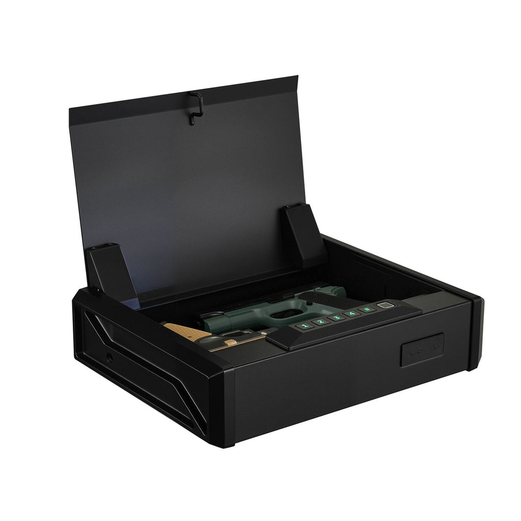Gun Safe, Heavy Duty Handgun Safe with Fingerprint/Password/Key, 3-Way Quick Access Firearm Case Box with Lighting for 2 Pistols & 2 Magazines, Pistol Gun Box for Nightstand Bedside Desk Car