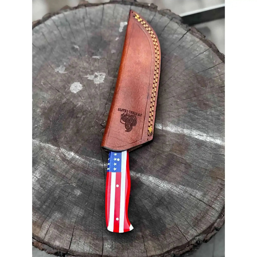 USA Handle Outdoor Knife – Handcrafted Damascus Steel Blade | Leather Sheath | JW SteelCrafts