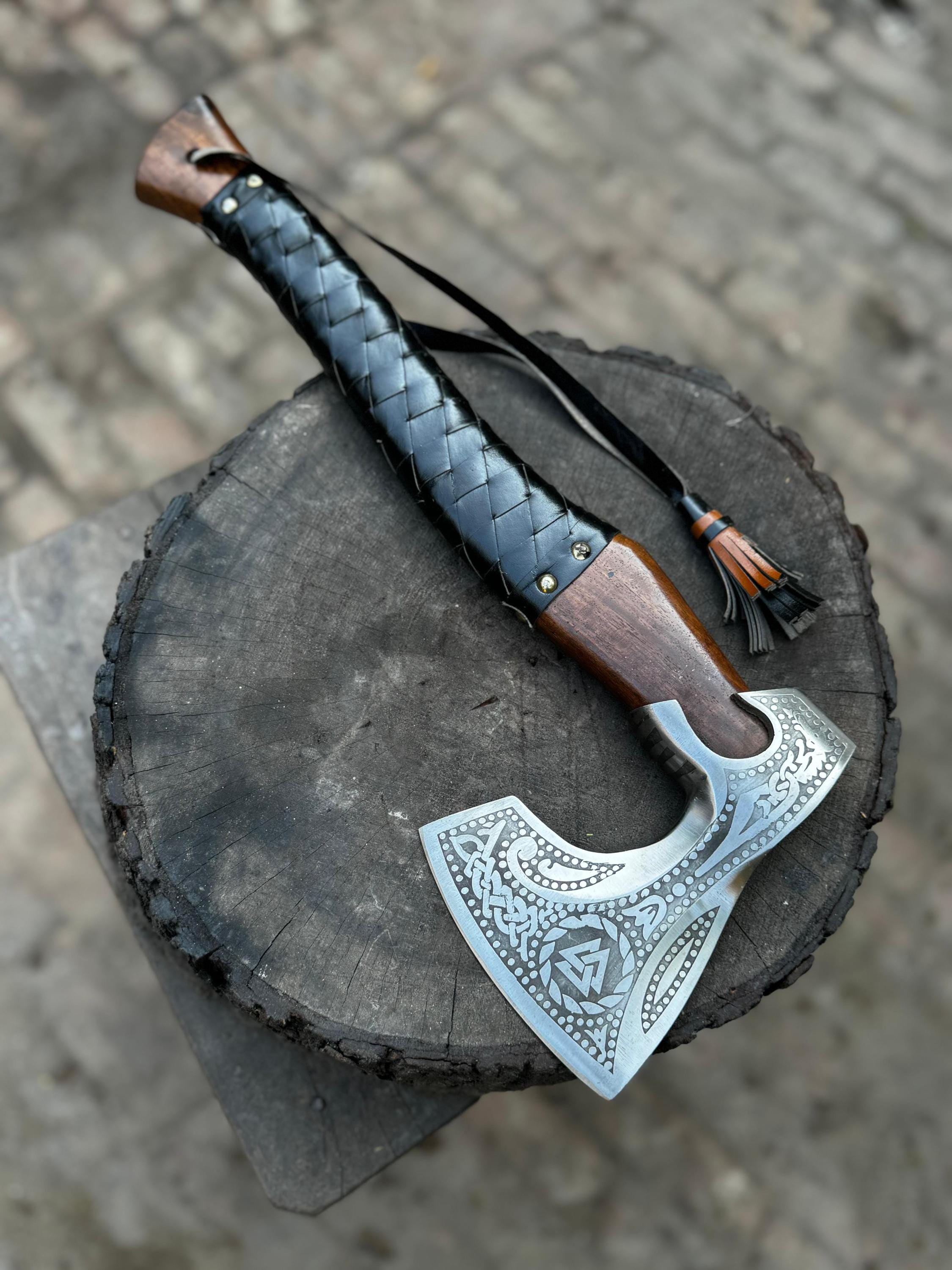 Viking Axe with Leather Wrapped Handle & Engraved Head – JW SteelCrafts
