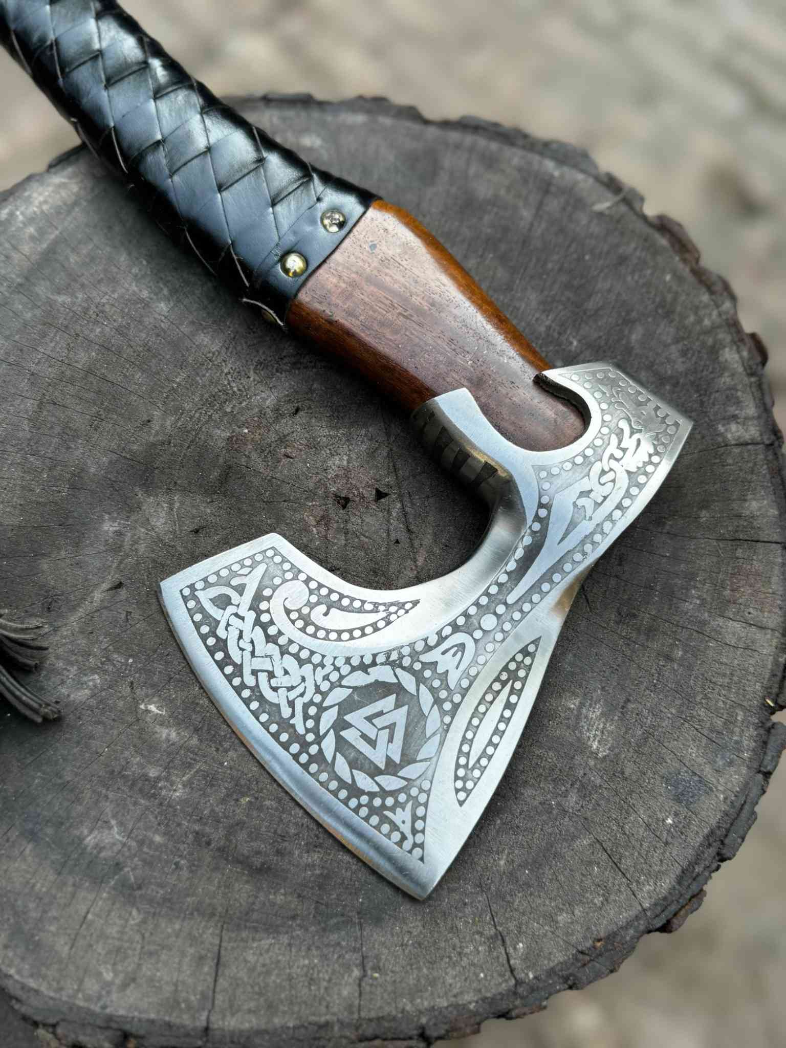 Viking Axe with Leather Wrapped Handle & Engraved Head – JW SteelCrafts