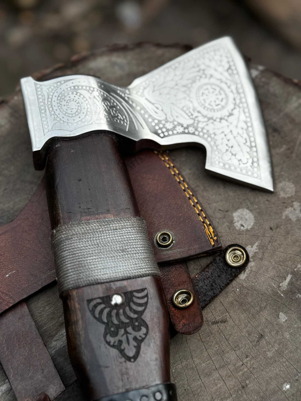 Viking Bearded Axe with Norse Engraved Blade and Leather Sheath