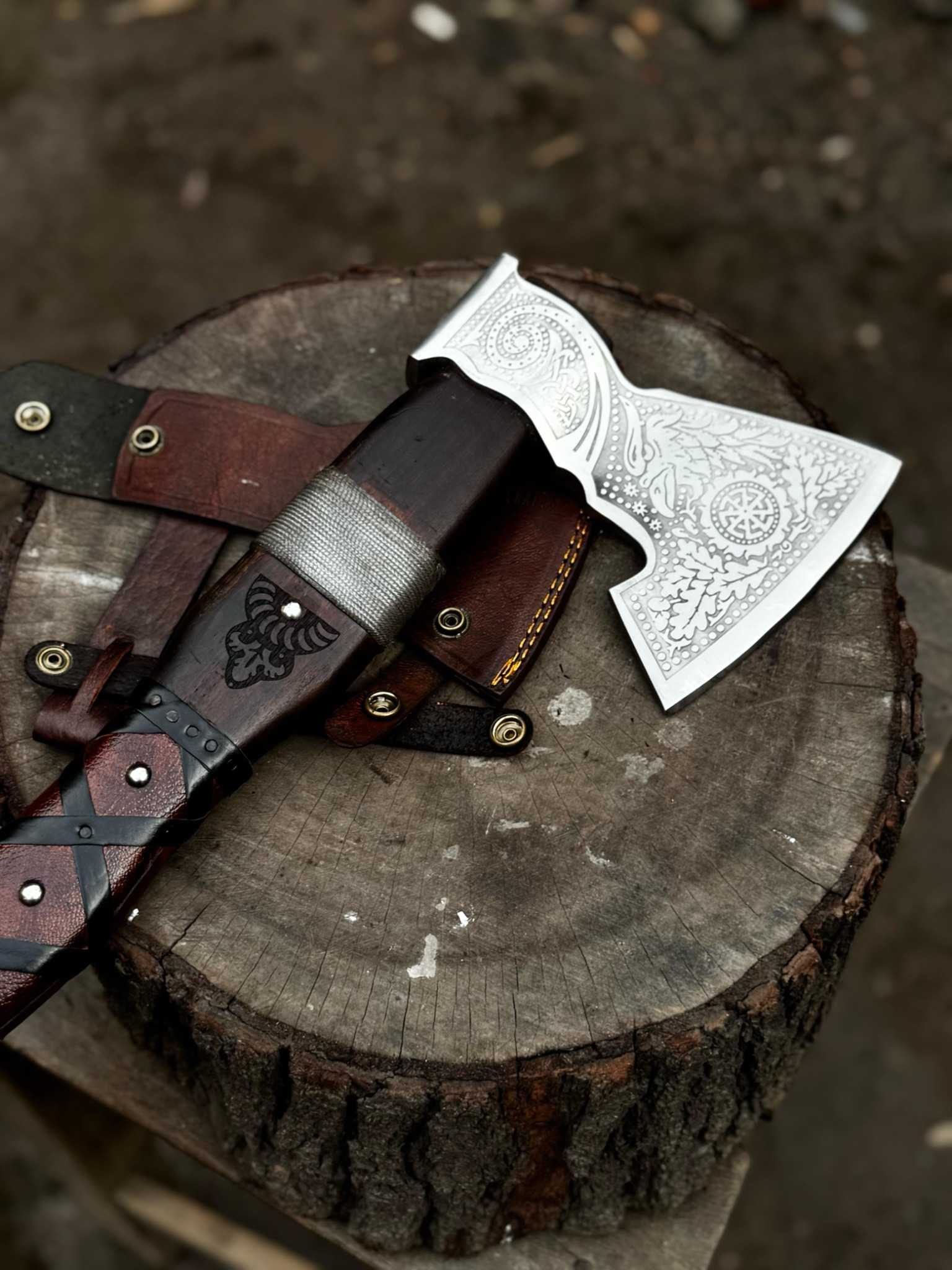 Viking Bearded Axe with Norse Engraved Blade and Leather Sheath