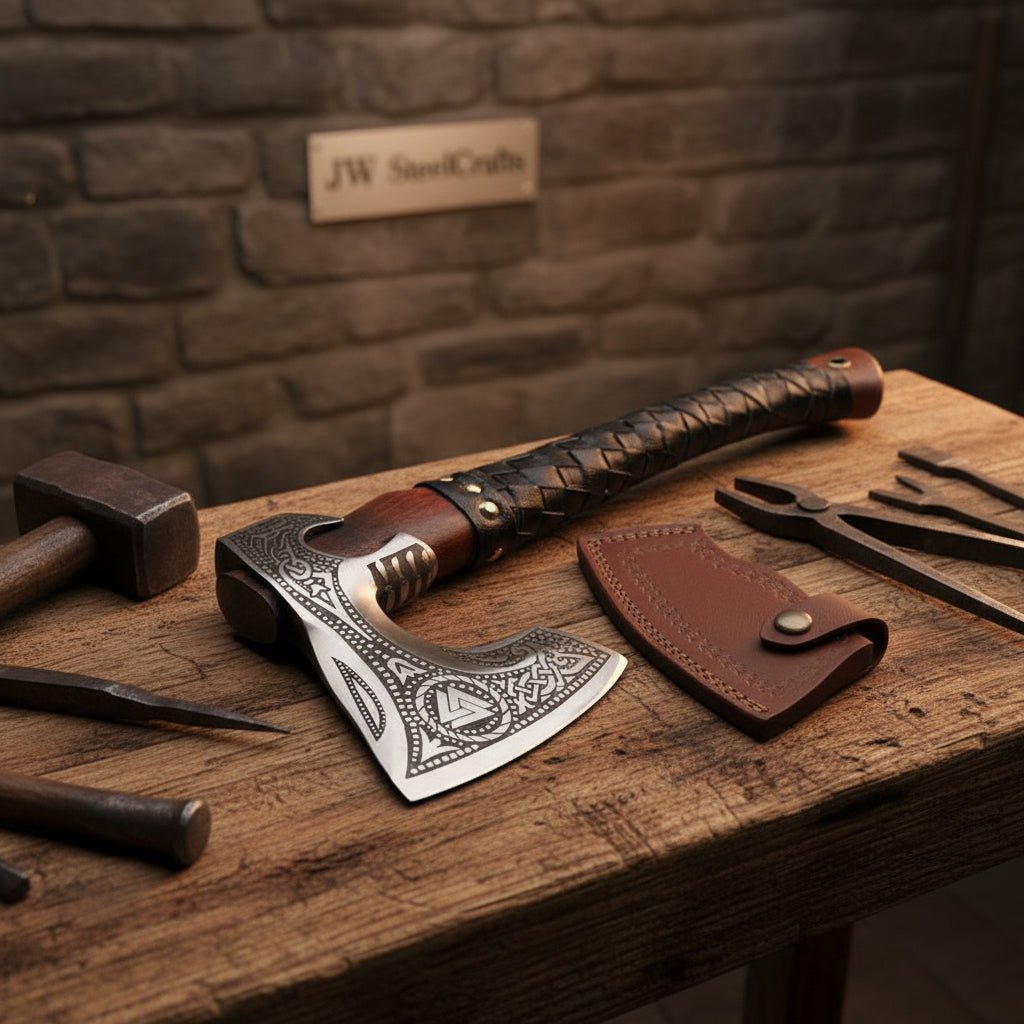 Viking Rune Engraved Bearded Hatchet with Leather Wrapped Handle and Belt Sheath | JW SteelCrafts