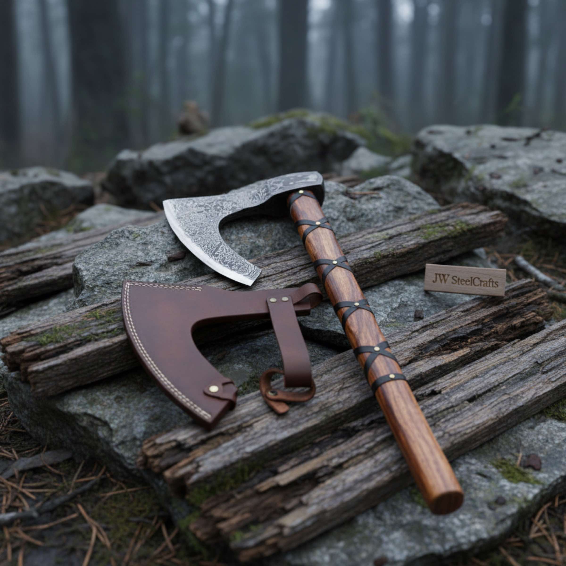 Viking-Style Skeggøx Bearded Damascus Camp Axe with Wrapped Hardwood Shaft and Leather Sheath
