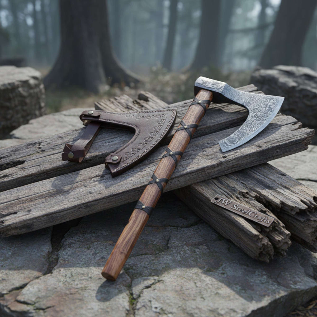 Viking-Style Skeggøx Bearded Damascus Camp Axe with Wrapped Hardwood Shaft and Leather Sheath